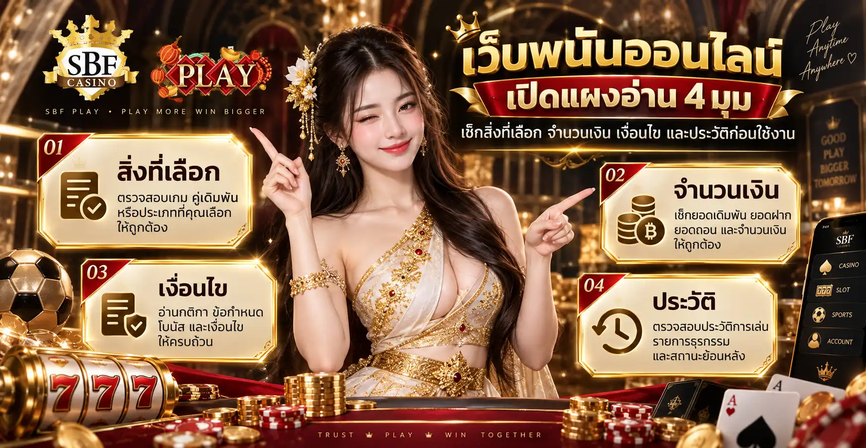 sbfplay99 เว็บพนันออนไลน์ เปิดแผงอ่าน 4 มุม เช็กสิ่งที่เลือก จำนวนเงิน เงื่อนไข และประวัติก่อนใช้งาน
