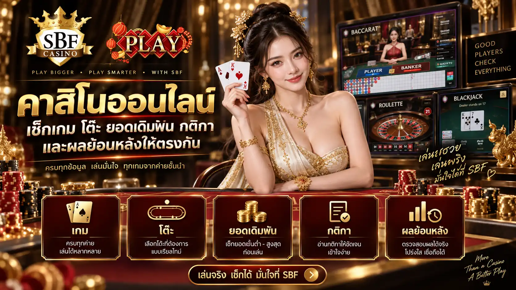 sbfplay99 คาสิโนออนไลน์ เช็กเกม โต๊ะ ยอดเดิมพัน กติกา และผลย้อนหลังให้ตรงกัน