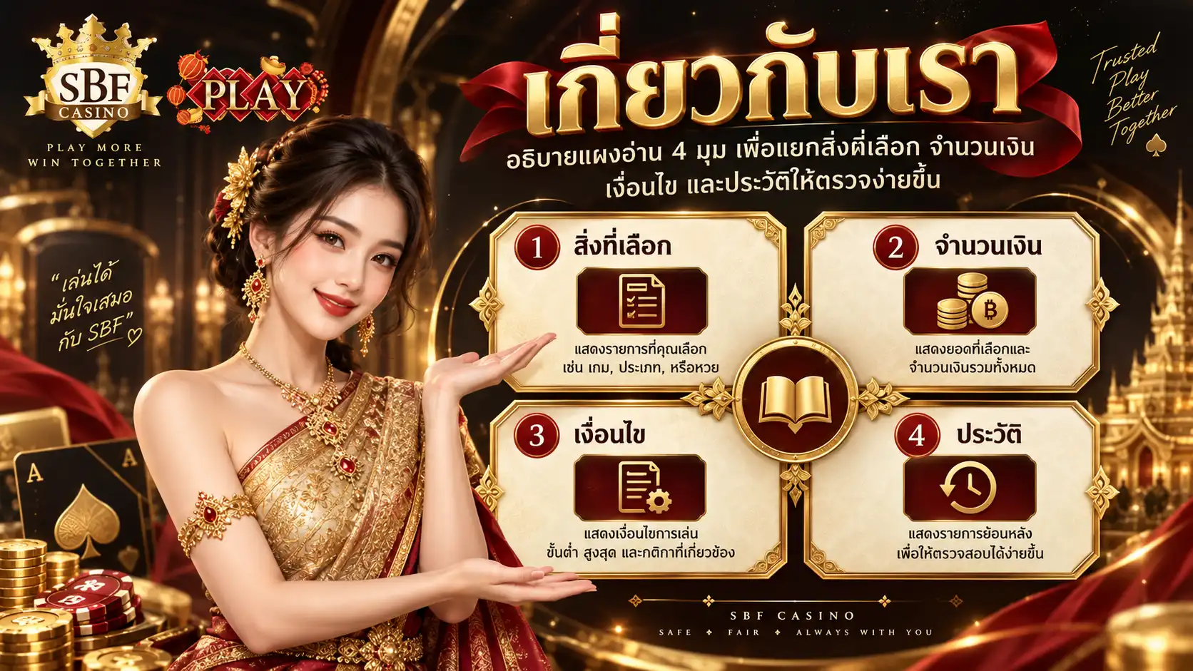 เกี่ยวกับเรา sbfplay99 อธิบายแผงอ่าน 4 มุม เพื่อแยกสิ่งที่เลือก จำนวนเงิน เงื่อนไข และประวัติให้ตรวจง่ายขึ้น